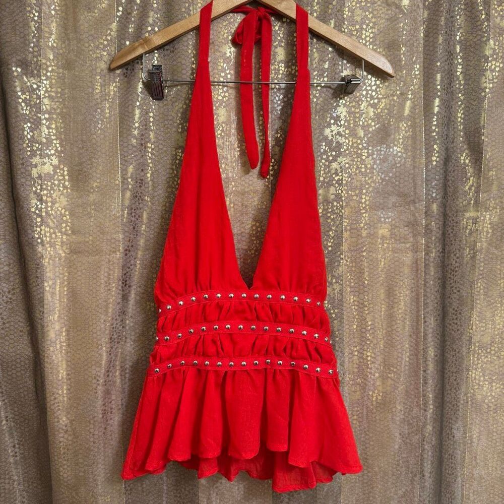 Lotus & Lavender Red Deep V Neck Studded Halter Ruffle Hem Top Medium NWT